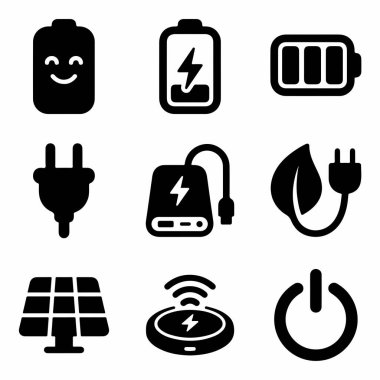 Beyaz arkaplanda pil, güneş, kablosuz, fiş ve eko enerji sembolleri gibi güç kaynaklarını ve şarj etme yöntemlerini temsil eden dokuz vektör simgesinden oluşan bir koleksiyon.