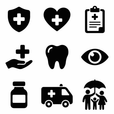 Tıbbi hizmetler için vektör simgesi ayarlandı. Kalkan, kalp, dosya, diş, göz, ambulans ve aile sigorta sembolleri de dahil. Web ve mobil uygulamalar için izole düz tasarım ögeleri.