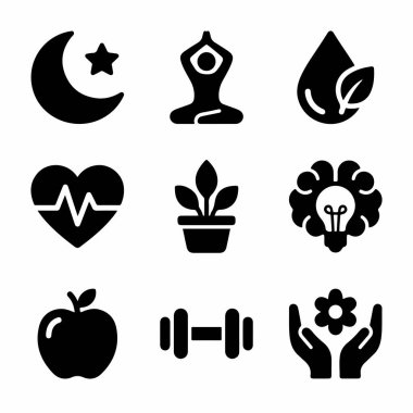 Sağlığı, sağlığı ve dengeyi temsil eden dokuz siyah simgeden oluşan çok yönlü bir set. Beyaz arka planda izole edilmiş yoga, fitness, beslenme, zihinsel sağlık, doğa ve maneviyat sembolleri içerir.