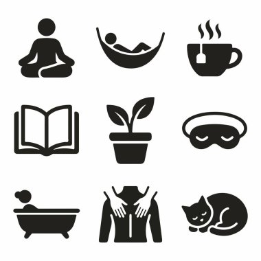 Farkındalık ve stres atma için vektör sembolleri. Meditasyon, çay, okuma, masaj, uyku ve daha fazlası için ikonlar içerir. Beyaz bir arkaplanda izole edilmiş.