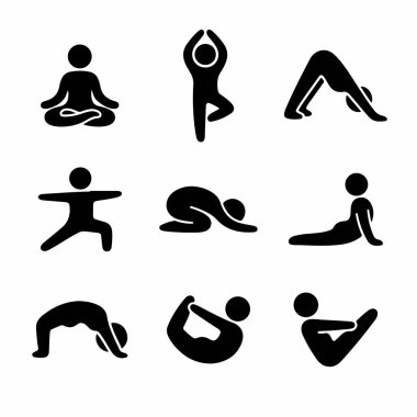 Çeşitli yoga pozlarını gösteren dokuz basit siyah piktogram koleksiyonu. Refah ve zindelik kavramları için meditasyon, esneme ve denge egzersizleri için simgeler içerir.
