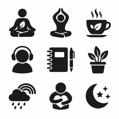 Yoga, çay, müzik, günlük tutma, doğa ve uyku gibi sağlık, ruh sağlığı ve kişisel bakım kavramlarını temsil eden dokuz katı siyah ikondan oluşan bir derleme..