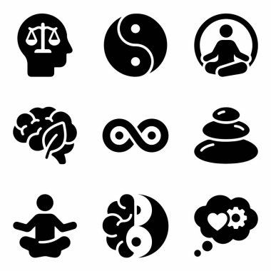 Zen, meditasyon, denge ve zihinsel refah kavramlarını temsil eden siyah siluet simgelerinden oluşan bir derleme. Beyaz arka planda Yin yang, beyin ve yoga pozları da dahil..