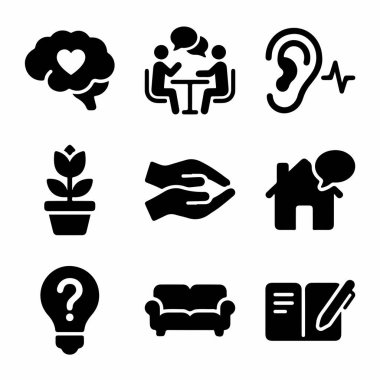 Terapi, akıl sağlığı, psikoloji, iletişim, destek ve kişisel gelişim kavramlarını temsil eden dokuz adet simge. Beyin, kanepe ve dinleme sembolleri içerir.