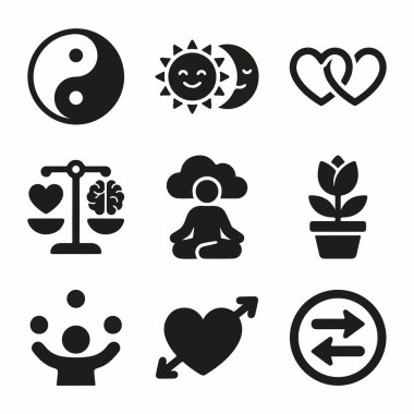 İçinde yin yang, aşk, meditasyon, zihinsel denge ve büyüme sembolleri olan dokuz tane simge var. Refah ve ilişki temaları için izole vektör grafikleri.