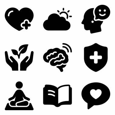 Zihinsel sağlık, kişisel bakım, farkındalık ve duygusal refahı temsil eden dokuz siyah katı ikondan oluşan bir derleme. Meditasyon, olumlu düşünceler ve sağlık sembolleri içerir.