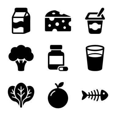 Beslenme ve sağlık kavramları için bir dizi katı tarz ikonu. Süt ürünleri, yapraklı yeşiller, meyve, balık iskeleti ve beyaz arka planda bir vitamin şişesi içerir..