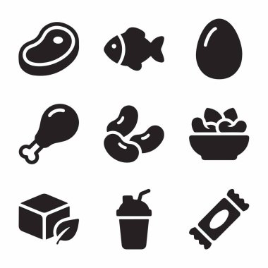 Biftek, balık, yumurta, tavuk, fasulye, salata, tofu, shake ve protein barı gibi çeşitli besin ve protein kaynaklarını temsil eden dokuz basit siyah beyaz ikondan oluşan bir koleksiyon..