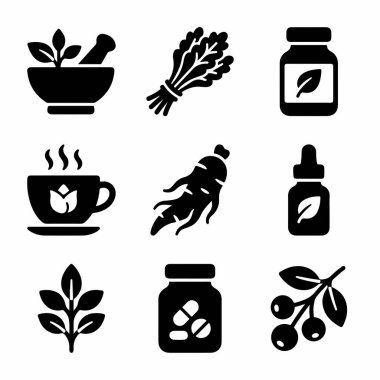 Havan ve kabuklu ginseng çayı ilaveleri ve tentürdiyot da dahil olmak üzere bitkisel ilaçları temsil eden dokuz siyah katı ikondan oluşan bir set. Doğal çareler için vektör sembolleri.