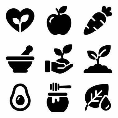 Bir elma, havuç, avokado, bal ve bitki filizleri de dahil olmak üzere sağlıklı yaşam, organik ürünleri ve doğayı temsil eden dokuz basit siyah ikondan oluşan bir koleksiyon..