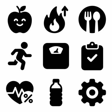Sağlık, diyet ve zindelik kavramlarını temsil eden dokuz siyah katı kabartma simgesinden oluşan bir derleme. Elma, kalori, çalışma, ölçek, kontrol listesi, kalp hızı, su ve ayarları içerir.