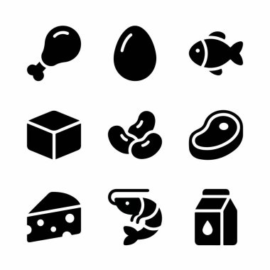 Tavuk, balık, yumurta, biftek, peynir, süt, fasulye, tofu ve karides gibi çeşitli protein kaynaklarını temsil eden dokuz basit siyah beyaz simge koleksiyonu..