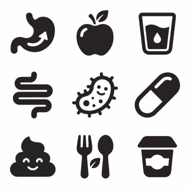 Mideyi, bağırsakları, bağırsakları, bakterileri, sağlıklı gıdaları, ek gıdaları ve bağırsak fonksiyonlarını içeren sindirim sağlığının kavramlarını temsil eden basit simgelerden oluşan bir derleme..