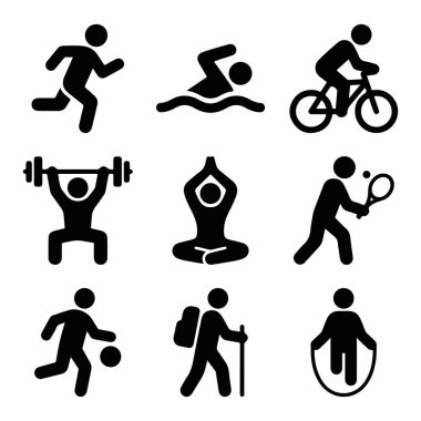 Koşu, yüzme, bisiklet, halter, yoga, tenis, futbol, yürüyüş ve beyaz arka planda ip atlama gibi farklı fiziksel egzersizleri gösteren dokuz basit resim seti..