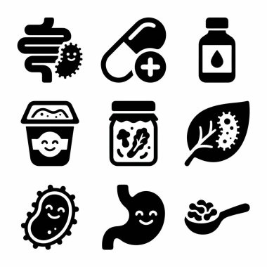 Sindirim sağlığıyla ilgili bir dizi katı kabartma simgesi. Probiyotikler, prebiyotikler, bağırsak florası, ilaveler ve yoğurt ve kimchi gibi sağlıklı gıdalar için semboller..