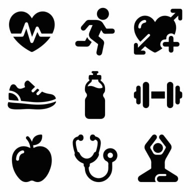 Koşu, yoga, diyet, kalp atışı ve tıbbi bakım gibi sağlık, sağlık ve sağlık kavramlarını temsil eden dokuz basit simge..