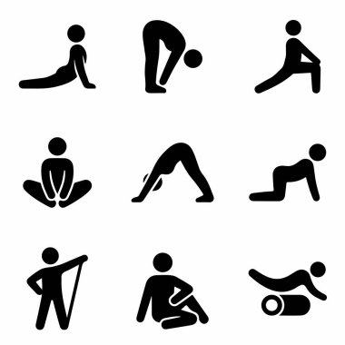 İzole edilmiş bir arka planda, farklı fiziksel egzersizleri, esnemeleri, yoga pozlarını ve sağlık ve refah için uygunluk faaliyetlerini gösteren dokuz basit siyah beyaz simge..