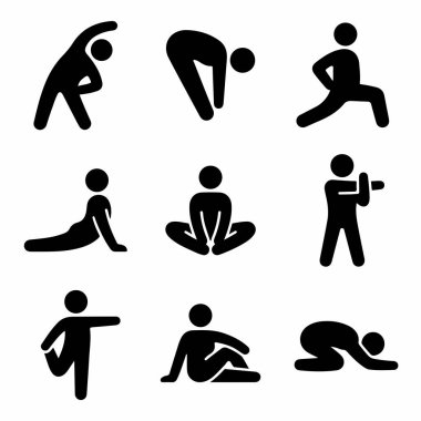 Sağlıklı bir yaşam tarzı için farklı fiziksel fitness egzersizleri, ısınma hareketleri ve serinletme rutinlerini gösteren dokuz basit siyah piktogramdan oluşan bir koleksiyon..