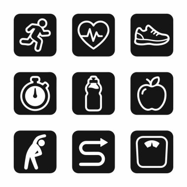 Koşu, kalp atışı, beslenme ve ağırlık denetimi de dahil olmak üzere spor, egzersiz ve sağlıklı bir yaşam tarzını temsil eden siyah kareler üzerindeki dokuz basit vektör simgesinden oluşan bir koleksiyon..