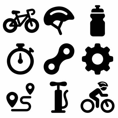 Bisiklet, kask, su şişesi, kronometre, zincir, dişli, harita rotası, pompa ve bisiklet piktogramı dahil olmak üzere dokuz siyah vektör ikonundan oluşan bir koleksiyon..