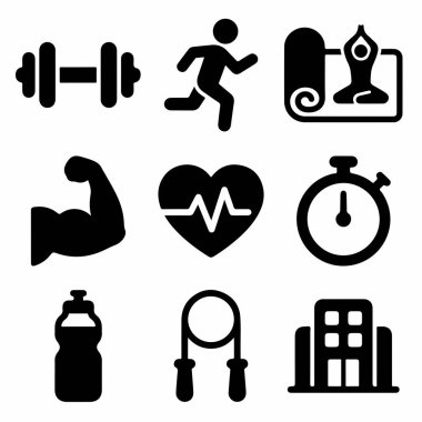 Halter, koşu, yoga, kas, kalp atışı, kronometre, su şişesi, ip atlama ve spor salonu gibi spor salonlarını temsil eden dokuz basit siyah siluet simgesi koleksiyonu..