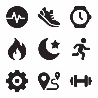 Kalp atışı, koşu, zaman, kalori, uyku, GPS rotası ve dayanıklılık eğitimi gibi spor kavramlarını temsil eden dokuz katı siyah simge koleksiyonu..