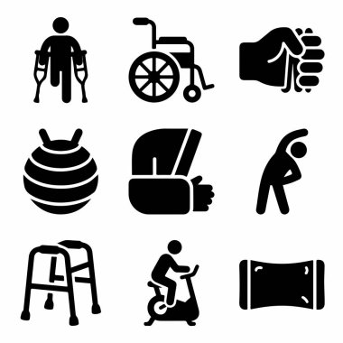 Tıbbi iyileşmeyi, sakatlık yardımını ve egzersizi temsil eden dokuz siyah simge koleksiyonu. Fizyoterapi için tekerlekli sandalye, koltuk değnekleri, yürüteç ve spor aletleri içerir.