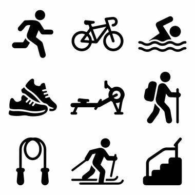 Egzersiz ve eğlence için dokuz basit simge seti içinde yüzme, bisiklet yürüyüşü, kayak ve kürek çekme makinesi ve ip atlama gibi ekipmanlar da var.