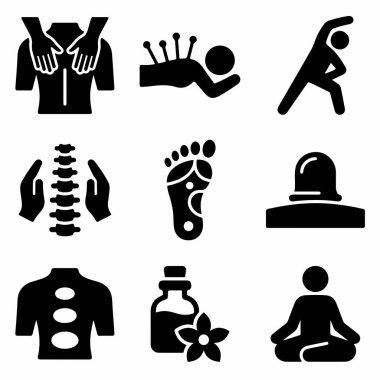 Masaj, akupunktur, kiropraktik, refleksoloji, kupa, sıcak taş terapisi, aromaterapi ve yoga gibi bütünsel sağlık tedavilerini temsil eden dokuz siyah ikondan oluşan bir koleksiyon..