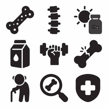 Kemik sağlığıyla ilgili dokuz siyah sembolden oluşan bir derleme. Osteoporoz, omurga, kalsiyum, süt, egzersiz, kırık, yaşlanma, teşhis ve tıbbi koruma sembollerini içerir.