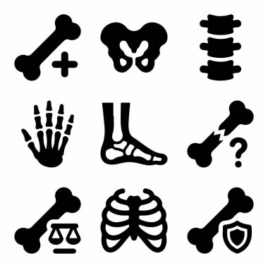 Omurga, leğen kemiği, el, ayak ve göğüs kafesi gibi insan kemiklerini temsil eden siyah glyph simgelerinin bir derlemesi, kırık, sağlık ve koruma gibi kavramları göstermektedir..