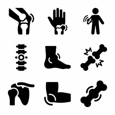 İskelet sistem bozukluklarını gösteren sağlık hizmetleri için vektör simgesi ayarlandı. Eklem iltihabı, kemik kırıkları, eklem iltihabı ve ortopedik ağrı sembolleri içerir..