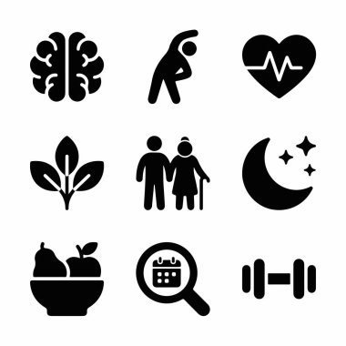Spor, diyet, uyku, akıl sağlığı ve sağlık kontrolleri için semboller de dahil olmak üzere sağlık, sağlık ve yaşlanma ile ilgili dokuz siyah katı ikonun bir araya getirilmesi.