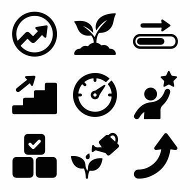 Beyaz arka planda izole edilmiş, gelişim, başarı, performans ve kariyer gelişimi gibi kavramları sembolize eden dokuz düz vektör ikonundan oluşan bir koleksiyon..