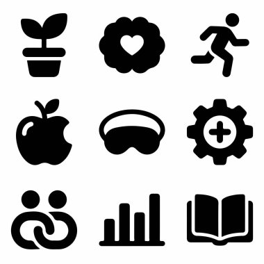 Web ve mobil uygulamalar için dokuz evrensel sembolden oluşan bir set. Beyaz arkaplanda izole edilmiş fitness, veri, ilişkiler, öğrenme ve ayarlar için simgeler.