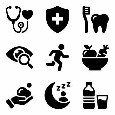 Sağlık kontrolleri, diş bakımı, egzersiz, beslenme, uyku ve hijyen de dahil olmak üzere sağlıklı bir yaşam tarzının kilit yönlerini temsil eden dokuz katı siyah ikondan oluşan bir koleksiyon..