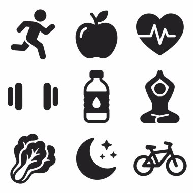 Sağlıklı bir yaşam tarzını temsil eden dokuz basit siyah ikondan oluşan bir koleksiyon. Egzersiz, diyet, kalp sağlığı, su, yoga, uyku ve sağlık sembolleri içerir.