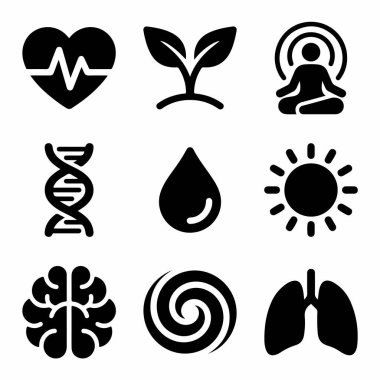 Sağlığı, bilimi ve refahı temsil eden dokuz siyah simgeden oluşan çok yönlü bir set. Kalp, beyin, akciğer, DNA, meditasyon ve doğa sembolleri içerir.