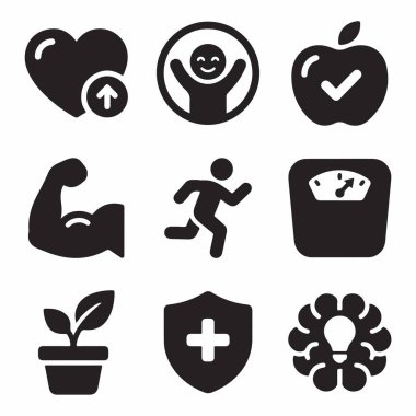 Sağlık, beslenme, zihinsel refah, tıbbi koruma ve beyaz arka planda kişisel gelişim gibi sağlık kavramlarını temsil eden dokuz katı siyah ikondan oluşan bir derleme..