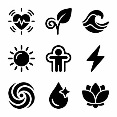 Bir kalp, güneş, dalga, bitki, nilüfer ve sağlık ve çevresel temalar için enerji sembollerinden oluşan dokuz siyah beyaz simge koleksiyonu.