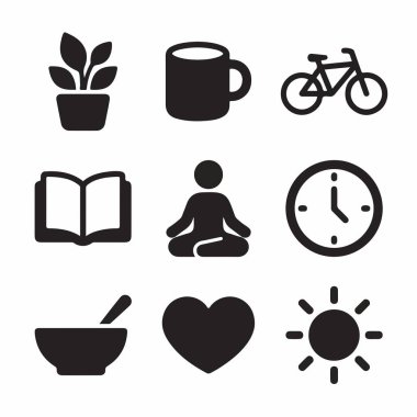 Collection of simple glyph icons representing a healthy lifestyle and daily wellness routine. Includes symbols for meditation, exercise, reading, and healthy eating.