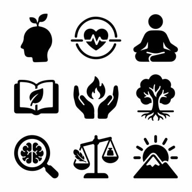 Farkındalık, kişisel büyüme, doğa, sağlık, denge ve refah projeleri için meditasyon gibi kavramları temsil eden siyah siluet simgelerinin bir derlemesi.