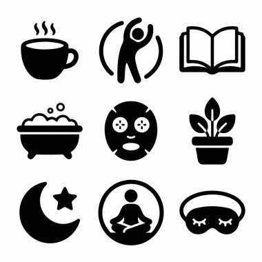 A collection of nine black icons representing wellness activities like meditation, reading, bathing, and skincare for a healthy and mindful lifestyle.