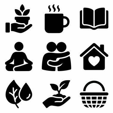 Kişisel bakım, farkındalık, doğa ve toplumu temsil eden dokuz siyah katı ikondan oluşan bir derleme. Yoga, okuma, bitkiler ve sağlıklı bir yaşam tarzı için ev sembolleri içerir.