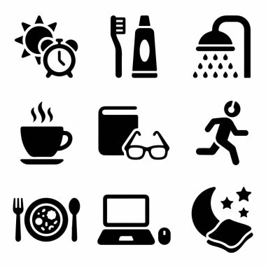 İnsanların günlük rutinlerini gösteren dokuz basit siyah simge koleksiyonu. Uyanmak, hijyen, yemek yemek, çalışmak, egzersiz yapmak ve uyumak da dahil..