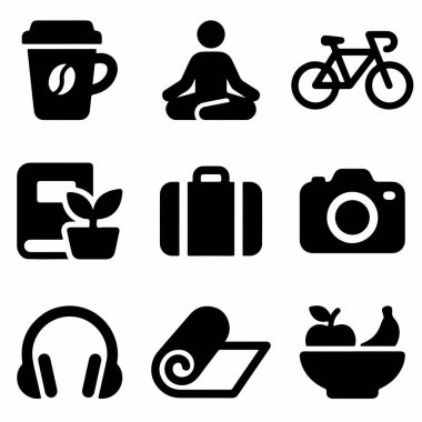 Yoga, bisiklet, seyahat, fotoğrafçılık, müzik ve sağlıklı beslenme gibi çeşitli yaşam tarzı ve eğlence aktivitelerini temsil eden dokuz basit simge simgesi..