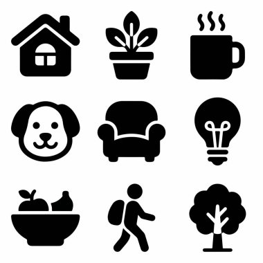 Yuvayı ve yaşam tarzını temsil eden dokuz siyah simgenin bir derlemesi. Bir ev, bitki, kahve fincanı, köpek, koltuk, ampul, meyve kasesi, yürüyüş ve ağaç dahil. Beyaz bir arkaplanda izole edilmiş.