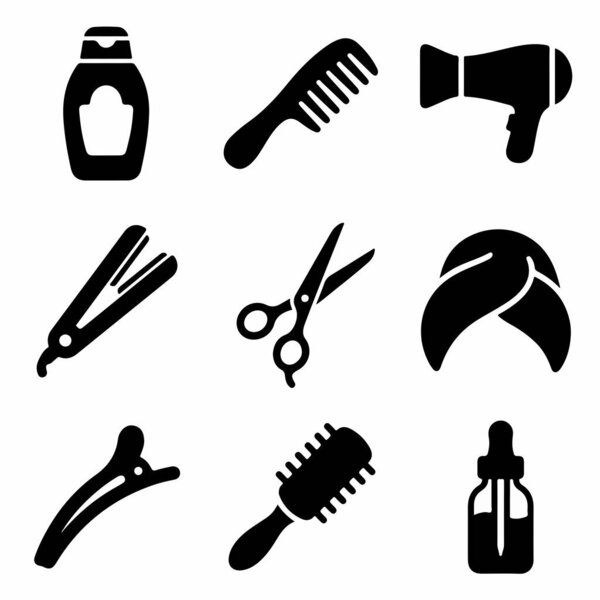 A collection of nine isolated black silhouette icons representing hair salon and personal care equipment including a comb, scissors, hairdryer, straightener, brush, shampoo, and serum.