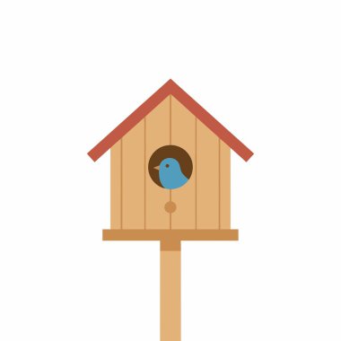 Kırmızı çatılı geleneksel ahşap kuş yuvası içinde, beyaz arka planda bir direğe monte edilmiş, küçük mavi bir kuşun büyüleyici düz bir çizimi..