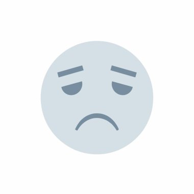 Üzgün, mutsuz ya da depresif bir emojinin vektör çizimi. Basit, düz grafik, beyaz bir arka planda izole edilmiş, üzgün bakışlı bir yüz gösteriyor..